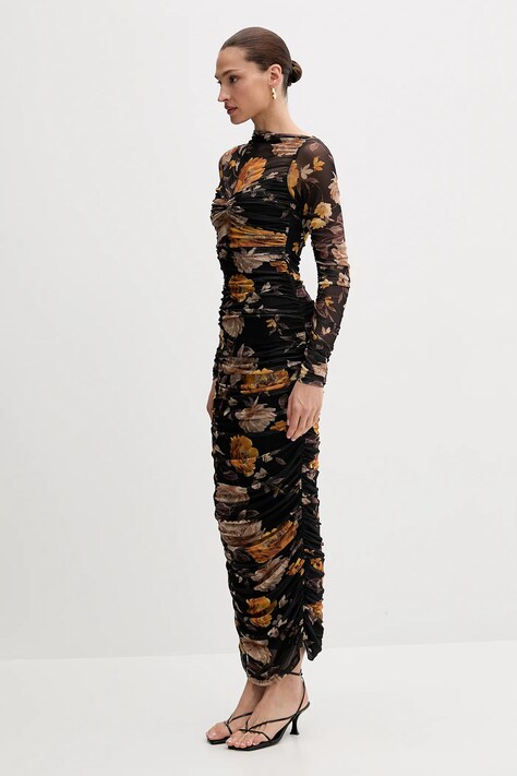 Bardot rochie culoarea negru, midi, mulată, 60096DB