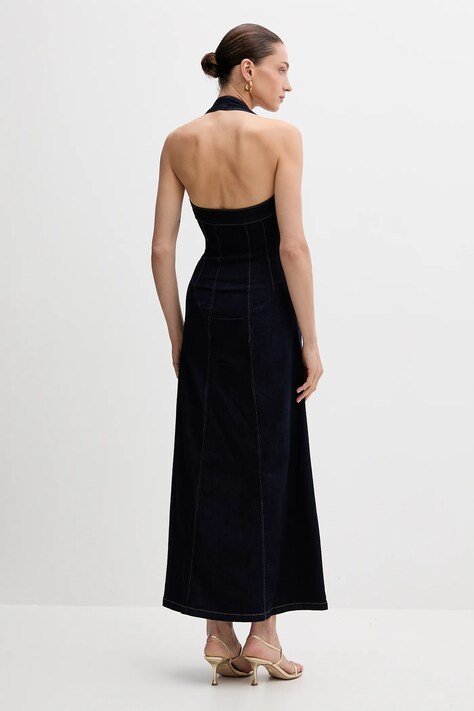 Bardot rochie jeans culoarea bleumarin, maxi, evazați, 91426DB