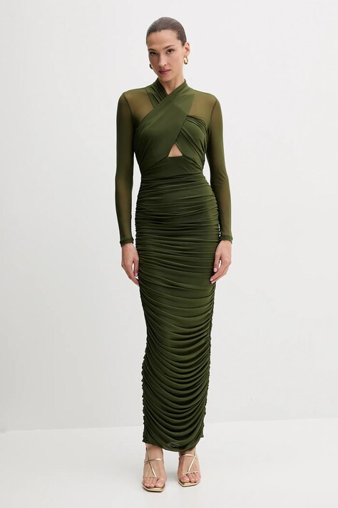 Bardot rochie culoarea verde, maxi, mulată, 60119DB