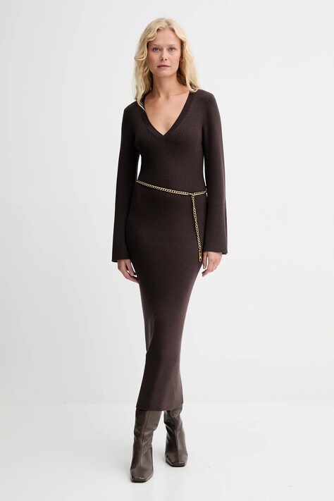 MICHAEL Michael Kors rochie cu lână culoarea maro, maxi, mulată, MF5835G4VR