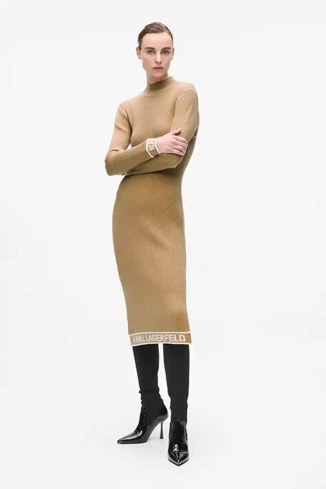 Karl Lagerfeld rochie culoarea bej, midi, mulată, A4W13028