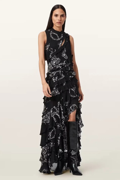 AllSaints sukienka wiskozowa CADY kolor czarny midi rozkloszowana W004DD