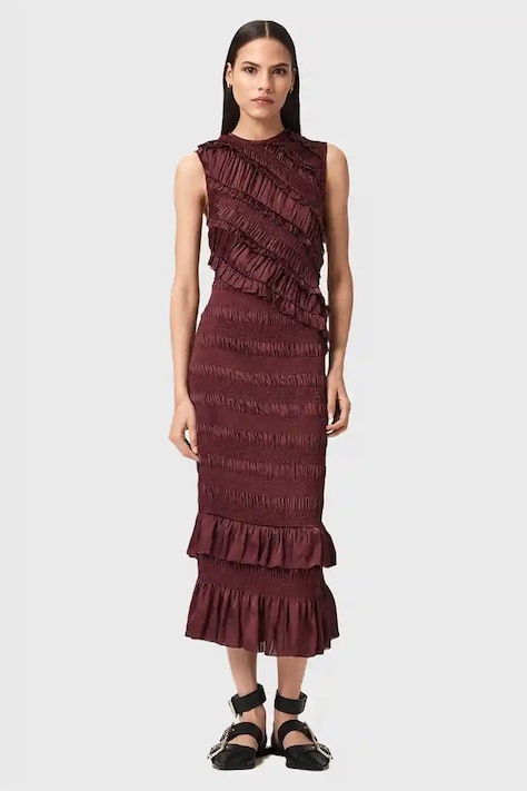 Šaty AllSaints NYLA červená farba, midi, priliehavé, W034DD