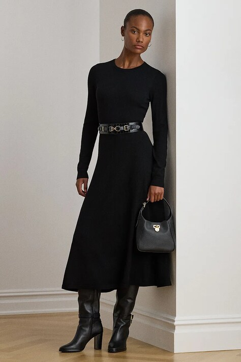 Lauren Ralph Lauren sukienka wełniana kolor czarny maxi rozkloszowana 200979711
