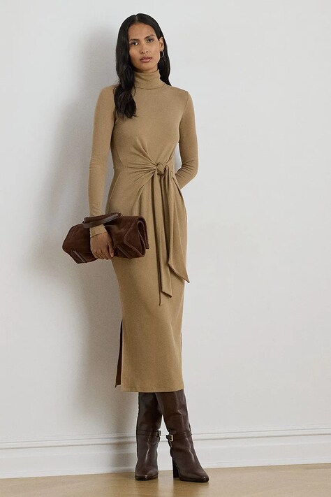 Сукня Lauren Ralph Lauren колір бежевий midi облягаюча 200980028