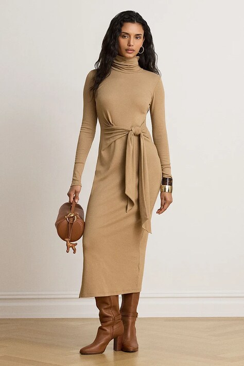 Lauren Ralph Lauren Sukienka z bawełną brązowa gładka 200980028