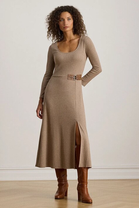 Сукня Lauren Ralph Lauren колір бежевий midi розкльошена 200980038