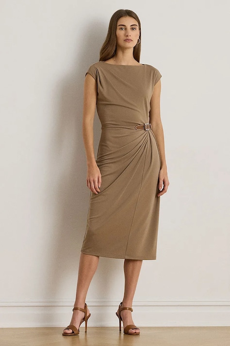 Lauren Ralph Lauren rochie culoarea maro, midi, mulată, 200980221