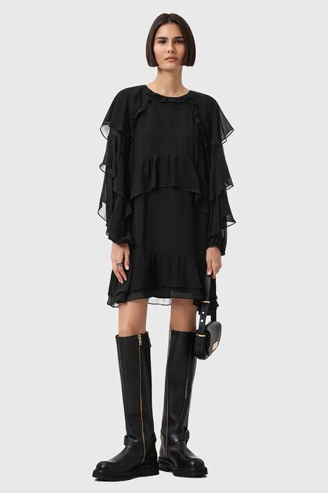 AllSaints sukienka z dodatkiem jedwabiu LISSIE kolor czarny mini rozkloszowana W100DD