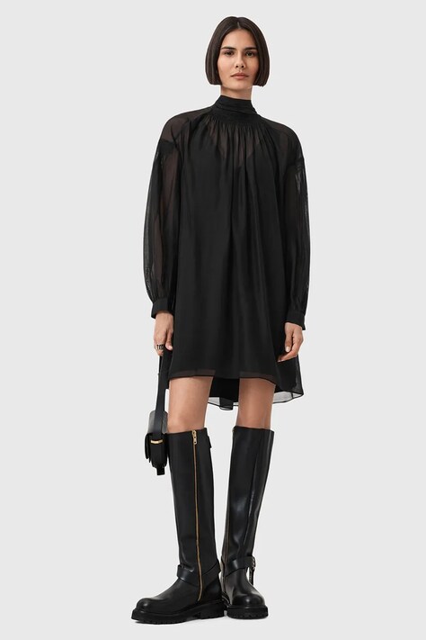 AllSaints sukienka z dodatkiem jedwabiu PEARLA kolor czarny mini rozkloszowana W095DD