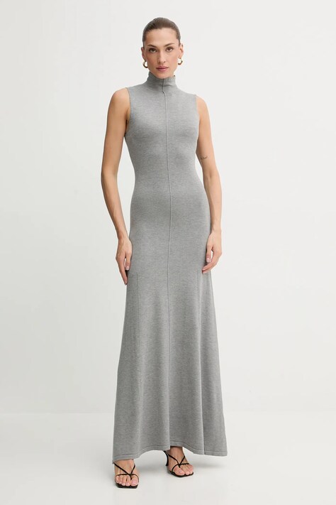 Bardot rochie culoarea gri, maxi, evazați, 60085DB