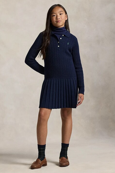 Παιδικό βαμβακερό φόρεμα Polo Ralph Lauren χρώμα: ναυτικό μπλε, 313978841001