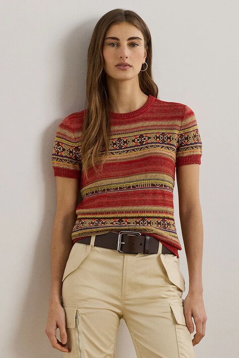 Lauren Ralph Lauren sweter z domieszką lnu damski kolor czerwony lekki 200971321