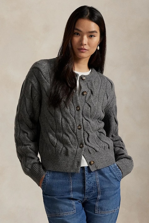 Μάλλινη ζακέτα Polo Ralph Lauren γυναικεία, χρώμα: γκρι, 211972128
