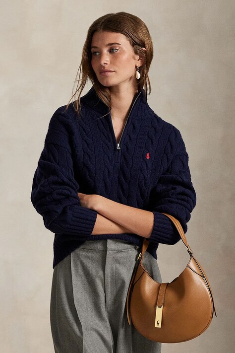 Vlněný svetr Polo Ralph Lauren dámský, tmavomodrá barva, s pologolfem, 211972130