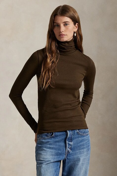 Polo Ralph Lauren sweter damski kolor brązowy lekki z golfem 211976982