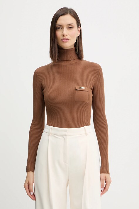 Elisabetta Franchi pulover din amestec de mătase culoarea maro, light, cu guler, MK11B56E2