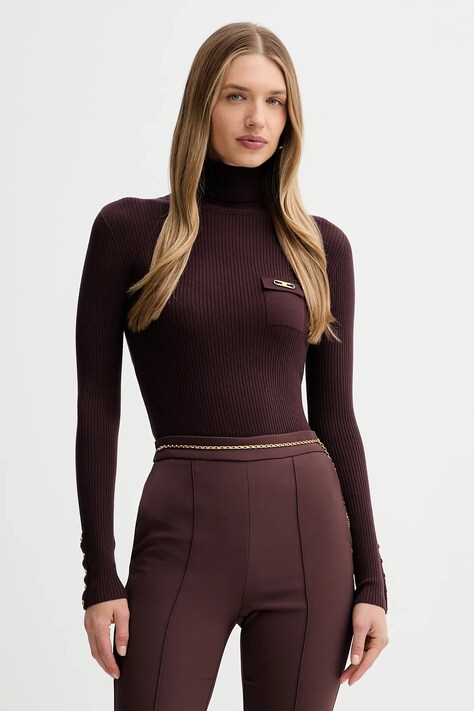 Elisabetta Franchi sweter z dodatkiem jedwabiu damski kolor bordowy lekki z golfem MK11B56E2