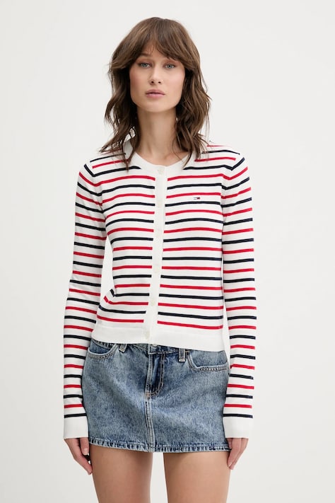 Βαμβακερή ζακέτα Tommy Jeans γυναικεία, χρώμα: κόκκινο, DW0DW20976