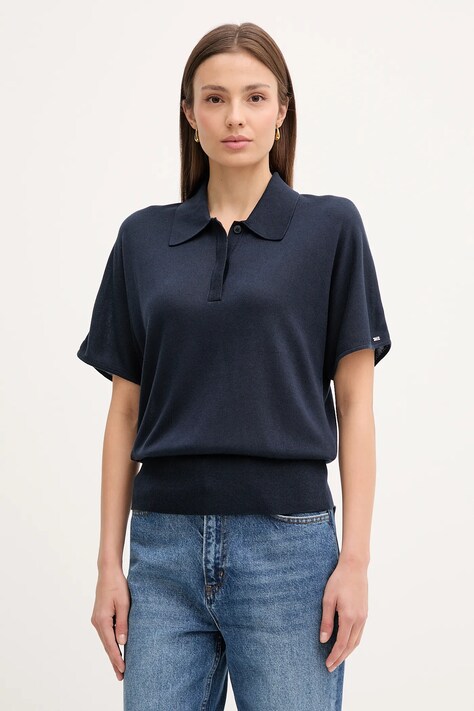 Polo triko s příměsí hedvábí Tommy Hilfiger dámské, tmavomodrá barva, WW0WW45652