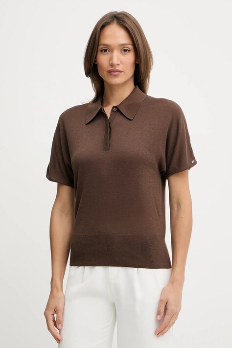 Tommy Hilfiger polo z domieszką jedwabiu damski kolor brązowy WW0WW45652