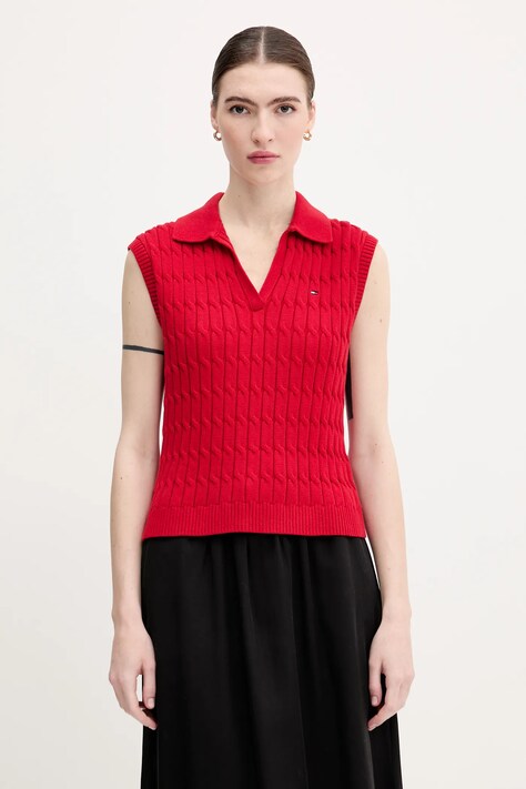 Tommy Hilfiger vestă din bumbac culoarea rosu, light, WW0WW45655