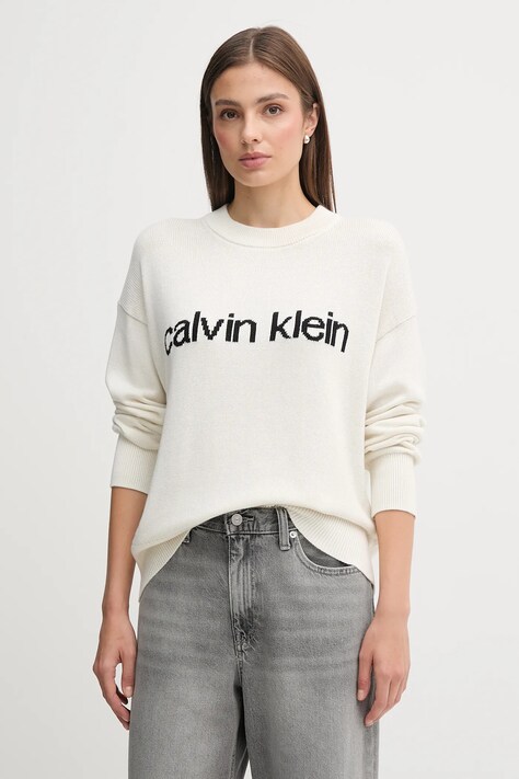 Βαμβακερό πουλόβερ Calvin Klein Jeans χρώμα: μπεζ, LV047C311G