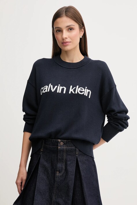 Bombažen pulover Calvin Klein Jeans ženski, mornarsko modra barva, LV047C311G