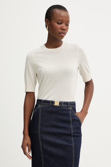 BOSS tricou de lână Farbella culoarea bej, 50544996