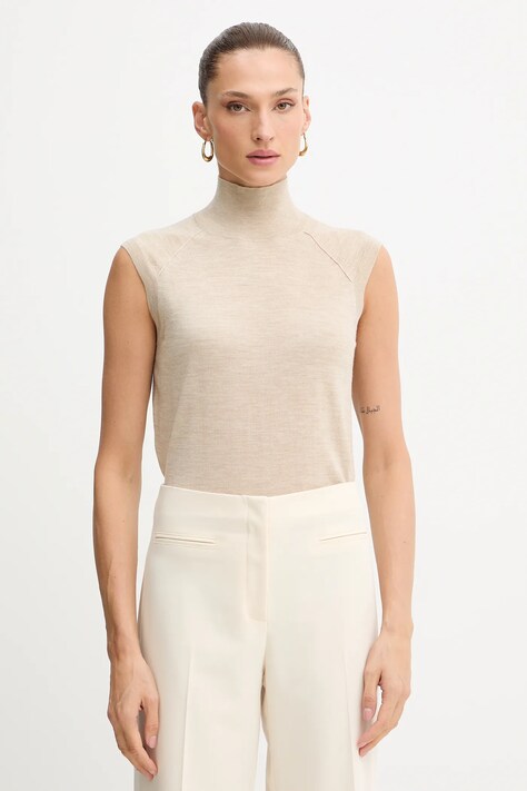 BOSS vestă de lână culoarea bej, light, cu turtleneck, 50544998