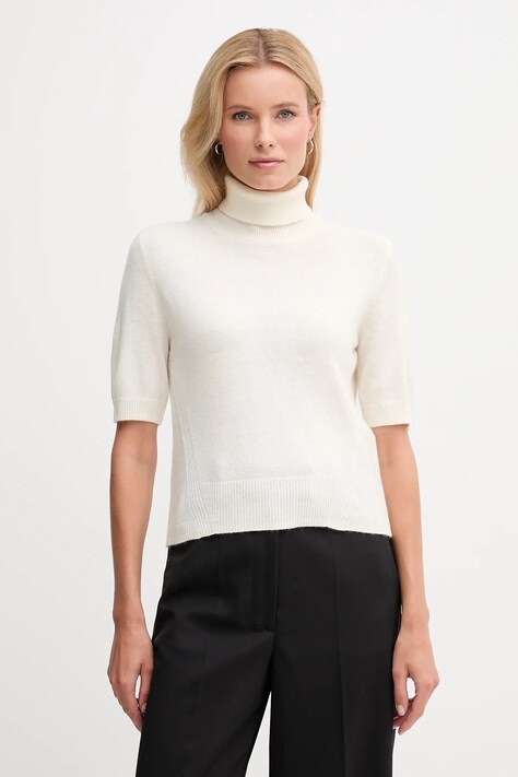 United Colors of Benetton sweter z dodatkiem wełny dziecięcy damski kolor beżowy lekki z golfem 102HD203X