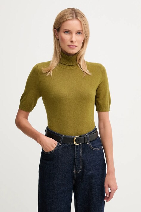 United Colors of Benetton sweter z dodatkiem wełny dziecięcy damski kolor zielony lekki z golfem 102HD203X