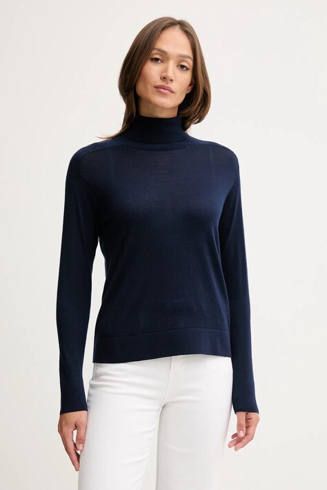 United Colors of Benetton sweter wełniany damski kolor granatowy lekki z golfem 11AHD203Y