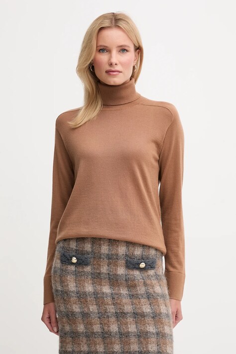 United Colors of Benetton sweter wełniany damski kolor brązowy lekki z golfem 11AHD203Y