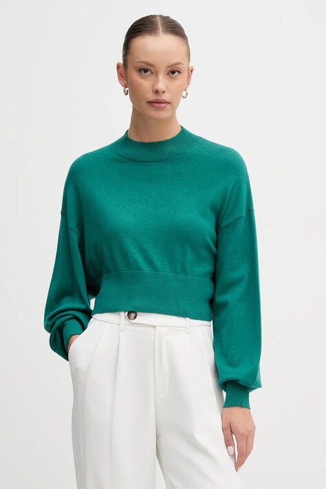 United Colors of Benetton sweter z dodatkiem wełny damski kolor zielony lekki z półgolfem 1Y6SD2041