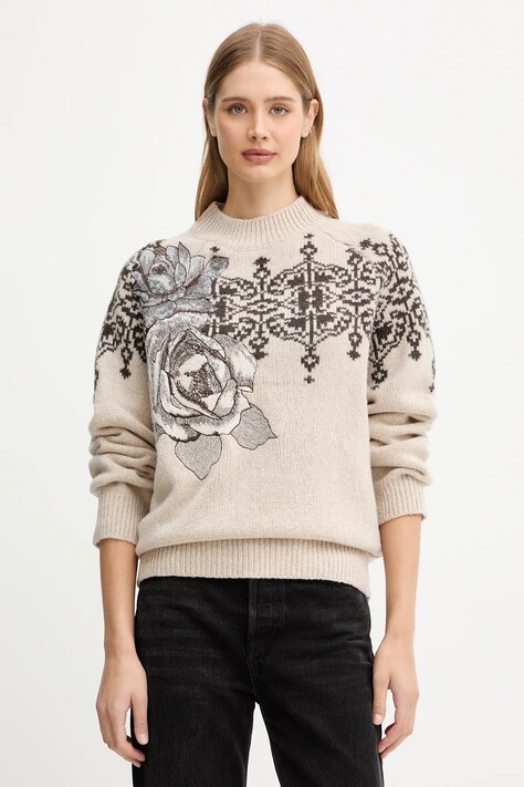 Blugirl Blumarine sweter wełniany damski kolor beżowy ciepły z półgolfem RF5161.MS038
