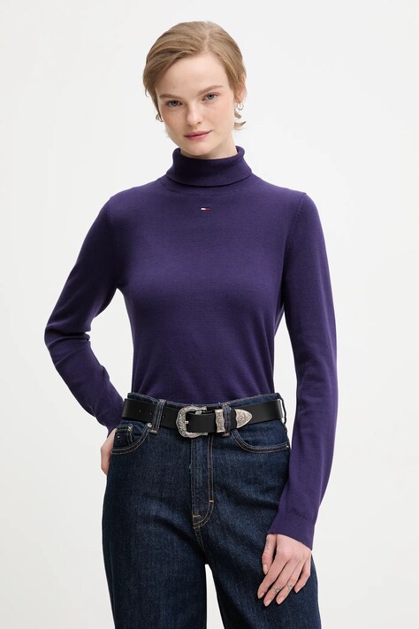 Tommy Jeans sweter bawełniany damski kolor fioletowy lekki z golfem DW0DW21672