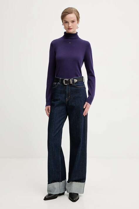Tommy Jeans sweter bawełniany damski kolor fioletowy lekki z golfem DW0DW21672