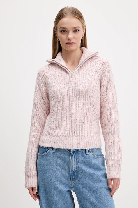 Tommy Jeans sweter z dodatkiem wełny damski kolor różowy ciepły z golfem DW0DW21686