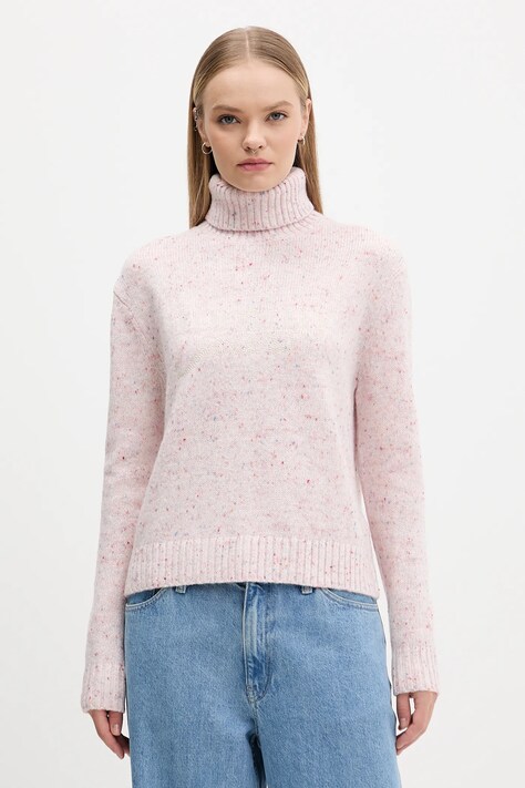 Tommy Jeans sweter z dodatkiem wełny damski kolor różowy z golfem DW0DW21687