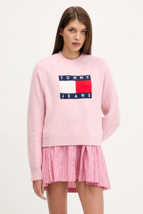 Sveter s prímesou vlny Tommy Jeans ružová farba, ľahký, DW0DW21782
