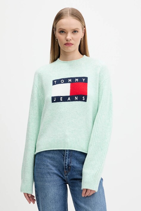 Tommy Jeans sweter z dodatkiem wełny damski kolor turkusowy lekki DW0DW21782