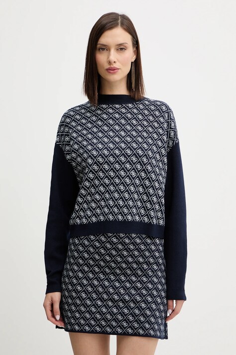 Guess sweter z domieszką wełny AUBREY damski kolor granatowy z półgolfem W5BR23 Z3JD2