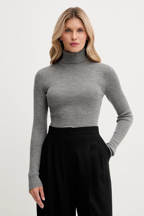 Joop! sweter wełniany damski kolor szary z golfem 30049422