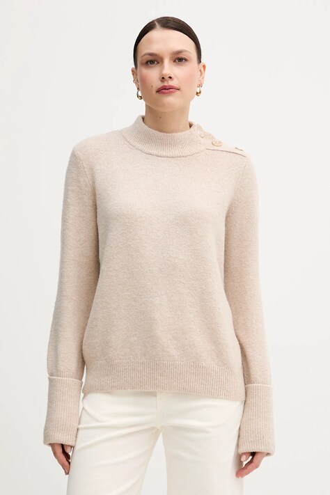 Marc Aurel sweter z domieszką wełny damski kolor beżowy z półgolfem 8064-8000-82028
