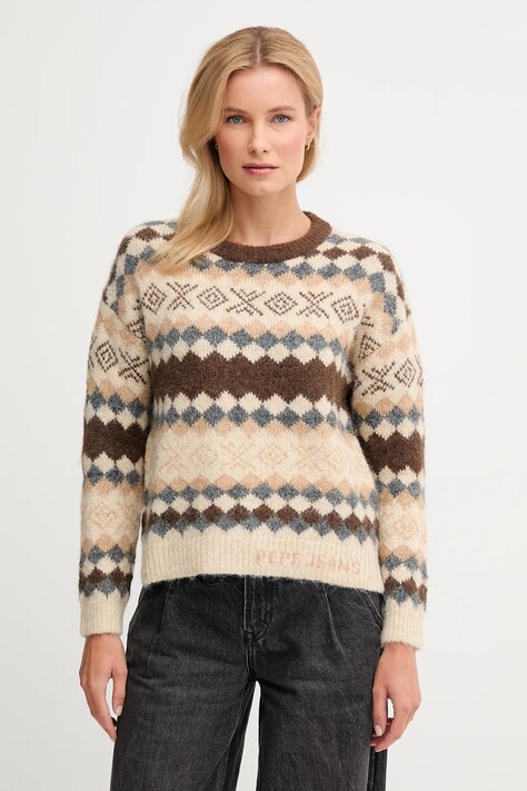 Pepe Jeans sweter z dodatkiem wełny damski kolor brązowy ciepły PL7000039