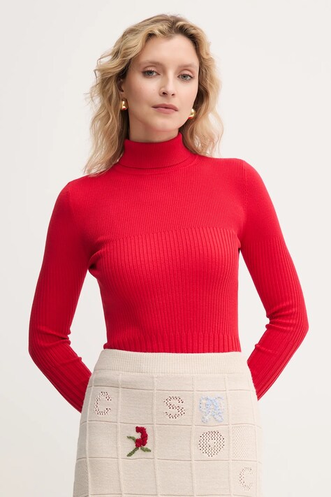 Twinset sweter damski kolor czerwony z golfem 252LI3BAA