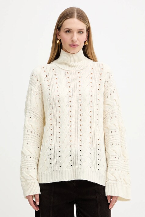 Twinset sweter z wełną damski kolor beżowy ciepły z golfem 252TT3101