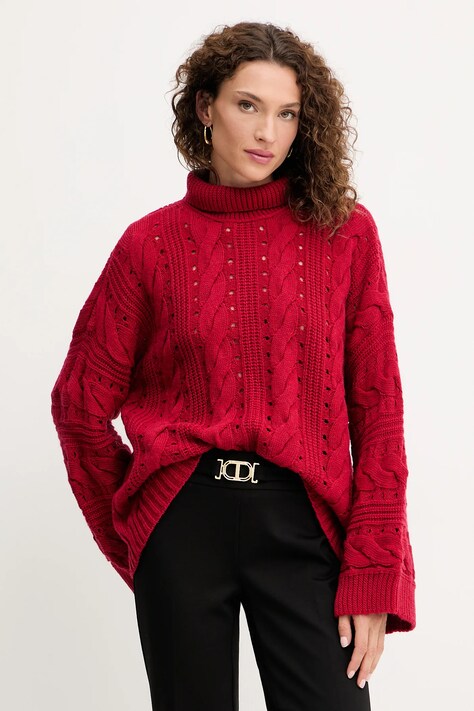 Twinset sweter z wełną damski kolor czerwony ciepły z golfem 252TT3101