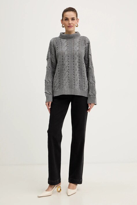 Twinset sweter z wełną damski kolor szary ciepły z golfem 252TT3101